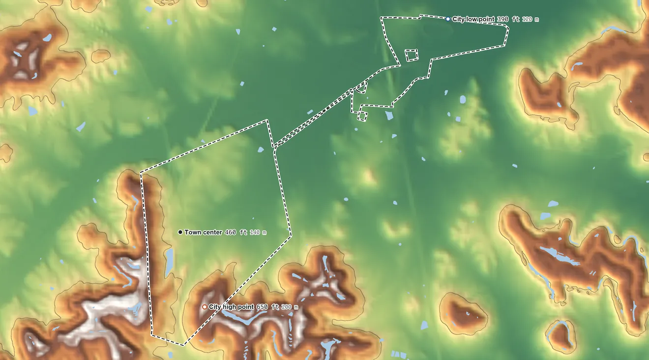 Topographic elevation map of Mortons Gap, Kentucky, shaded from 390 ft on the northeast side to 650 ft on the south side
