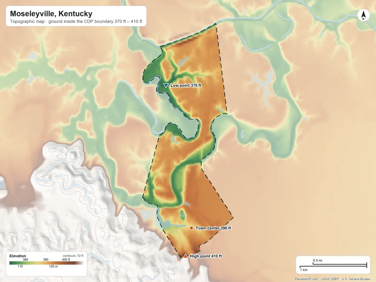 Topographic elevation map of Moseleyville, Kentucky, shaded from 370 ft on the north side to 410 ft on the south side