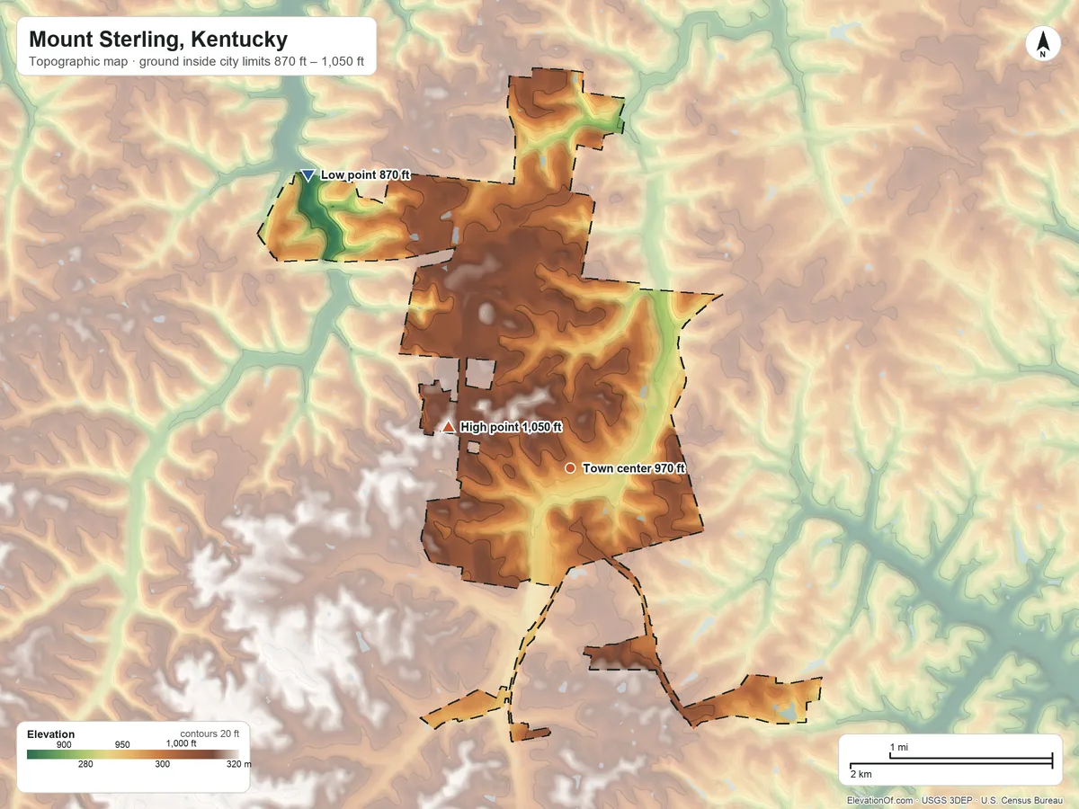 Topographic elevation map of Mount Sterling, Kentucky, shaded from 870 ft on the northwest side to 1,050 ft on the west side