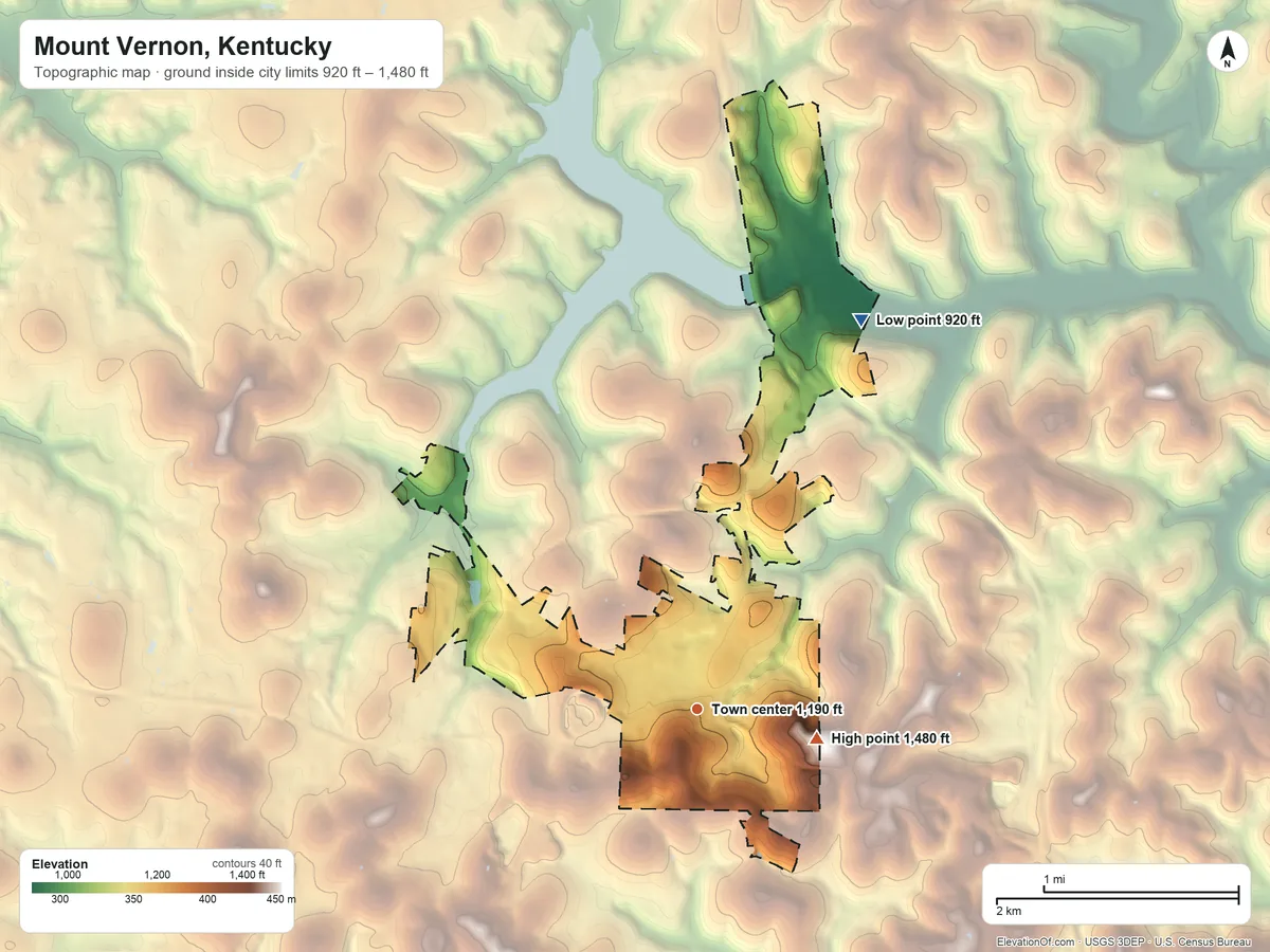 Topographic elevation map of Mount Vernon, Kentucky, shaded from 920 ft on the northeast side to 1,480 ft on the east side