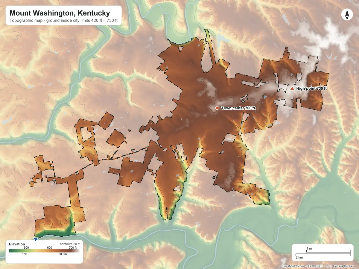 Topographic elevation map of Mount Washington, Kentucky, shaded from 420 ft on the southwest side to 730 ft on the east side