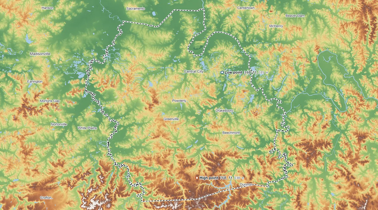 Topographic elevation map of Muhlenberg County, Kentucky, shaded from 340 ft on the northeast side to 760 ft on the south side