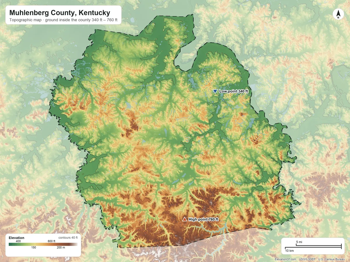Topographic elevation map of Muhlenberg County, Kentucky, shaded from 340 ft on the northeast side to 760 ft on the south side