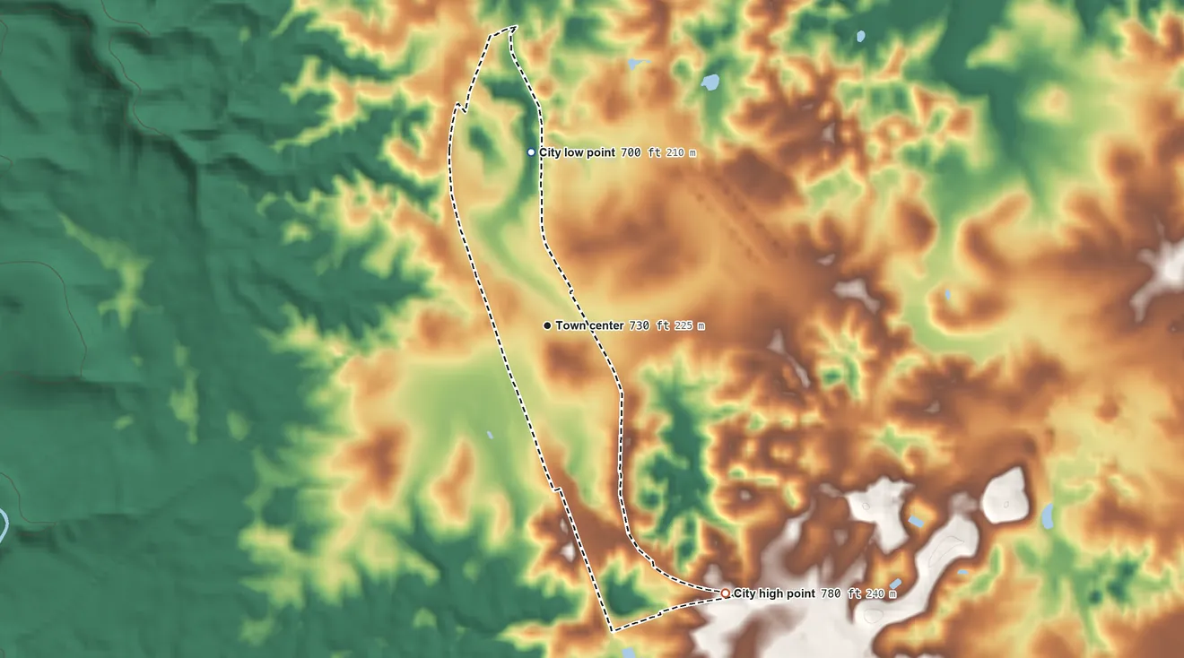 Topographic elevation map of Muldraugh, Kentucky, shaded from 700 ft on the north side to 780 ft on the southeast side