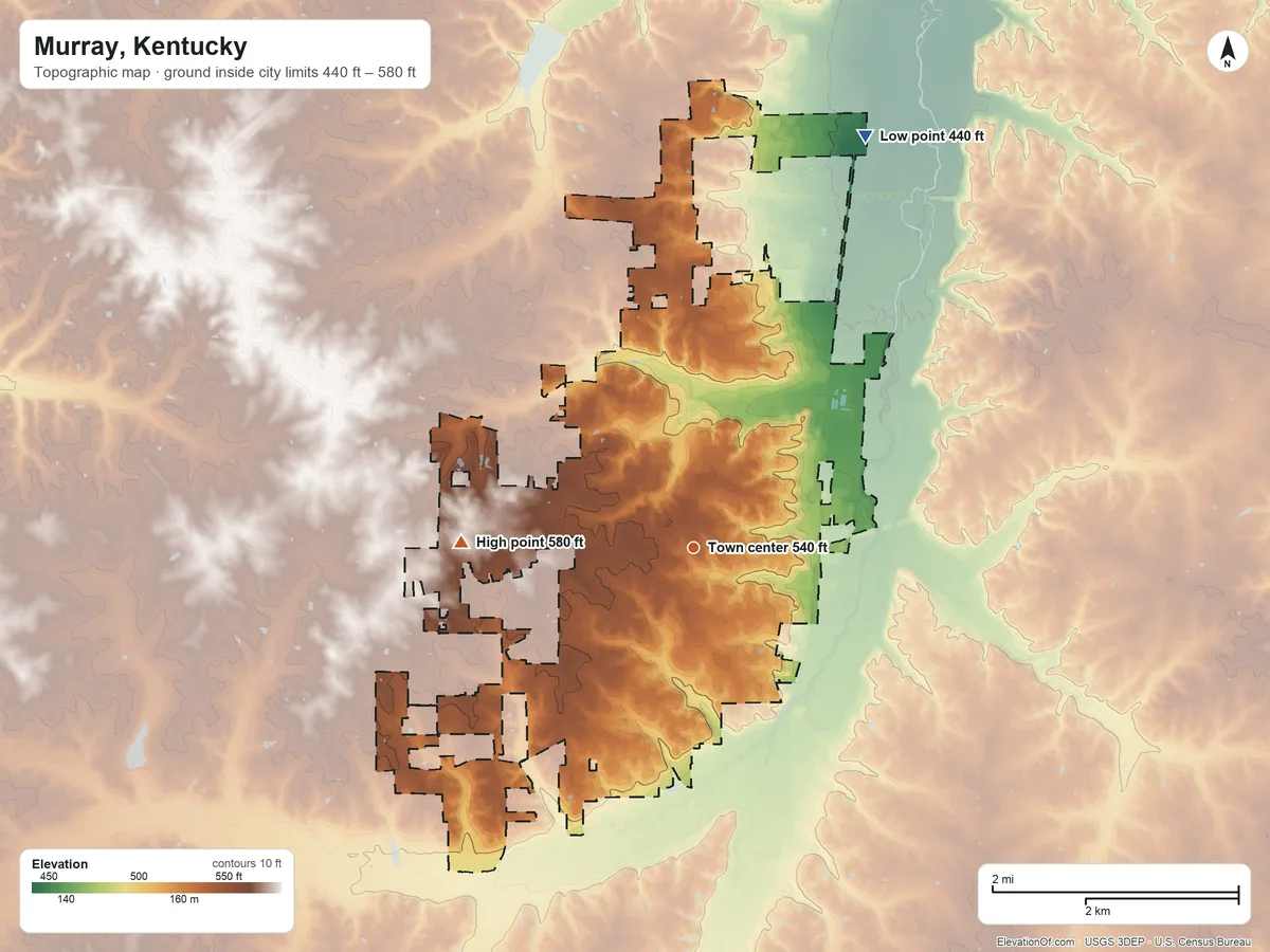 Topographic elevation map of Murray, Kentucky, shaded from 440 ft on the northeast side to 580 ft on the west side