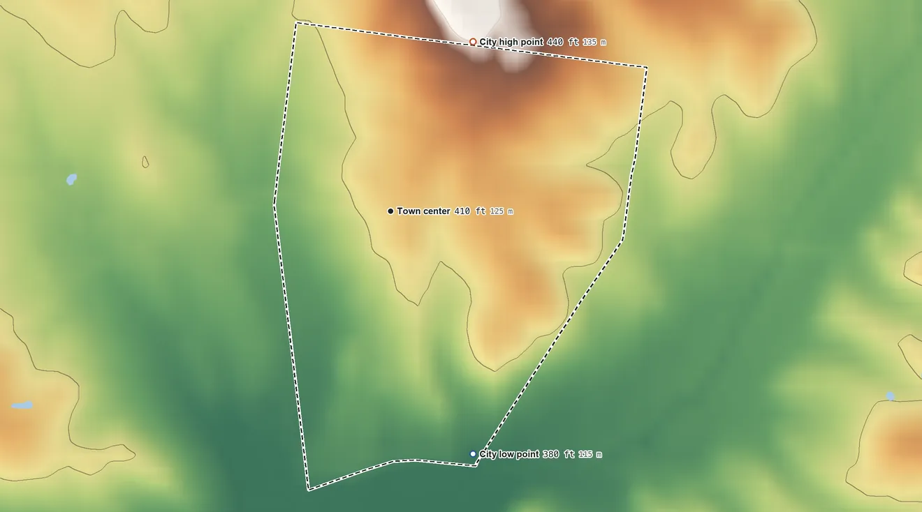 Topographic elevation map of Nebo, Kentucky, shaded from 380 ft on the south side to 440 ft on the northeast side