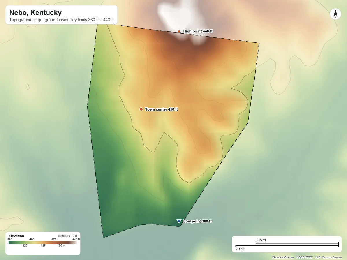 Topographic elevation map of Nebo, Kentucky, shaded from 380 ft on the south side to 440 ft on the northeast side