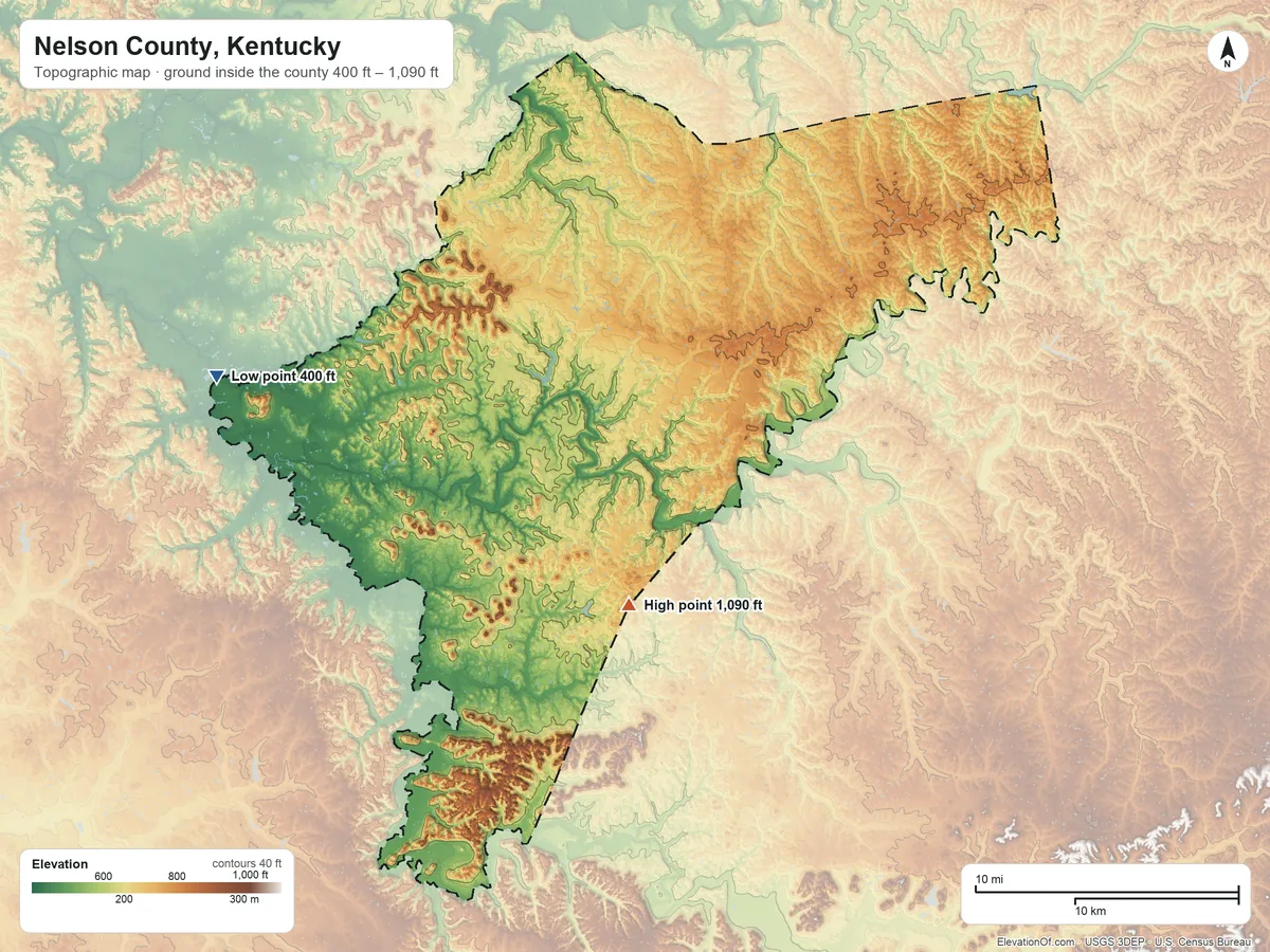 Topographic elevation map of Nelson County, Kentucky, shaded from 400 ft on the west side to 1,090 ft on Rohan Knob