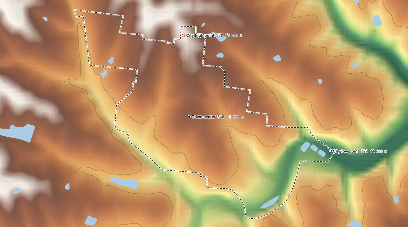 Topographic elevation map of New Castle, Kentucky, shaded from 720 ft on the east side to 870 ft on the north side