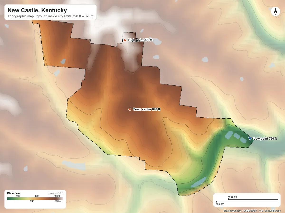 Topographic elevation map of New Castle, Kentucky, shaded from 720 ft on the east side to 870 ft on the north side