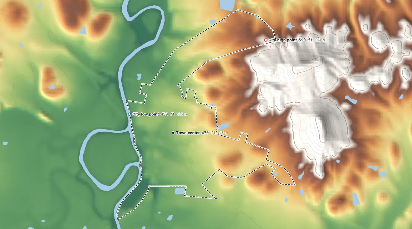 Topographic elevation map of New Haven, Kentucky, shaded from 450 ft on the northwest side to 590 ft on the northeast edge, below higher ground just outside