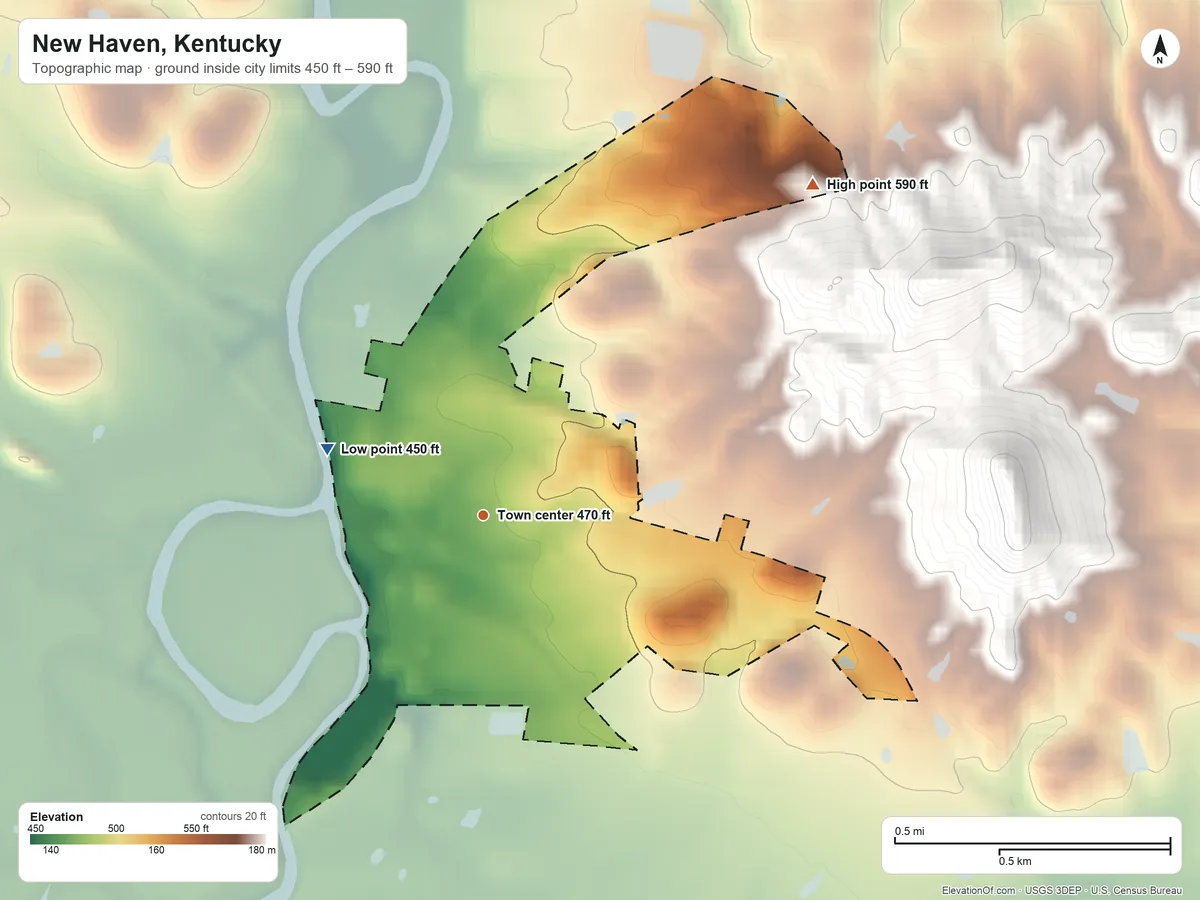 Topographic elevation map of New Haven, Kentucky, shaded from 450 ft on the northwest side to 590 ft on the northeast edge, below higher ground just outside