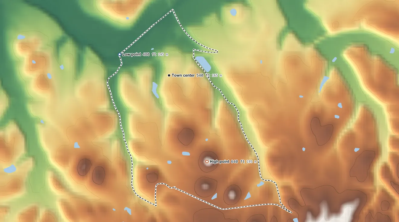 Topographic elevation map of New Hope, Kentucky, shaded from 480 ft on the northwest side to 640 ft on the southeast edge, below higher ground just outside