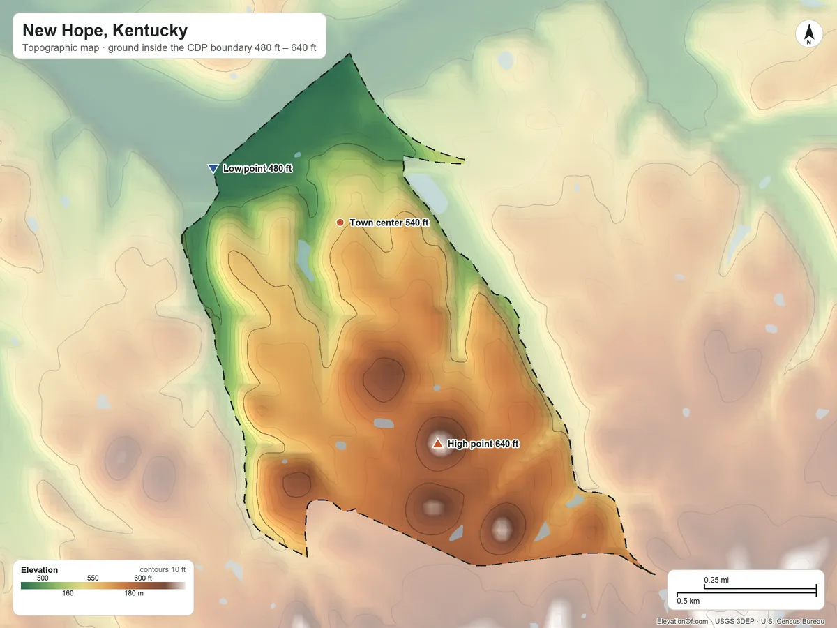 Topographic elevation map of New Hope, Kentucky, shaded from 480 ft on the northwest side to 640 ft on the southeast edge, below higher ground just outside