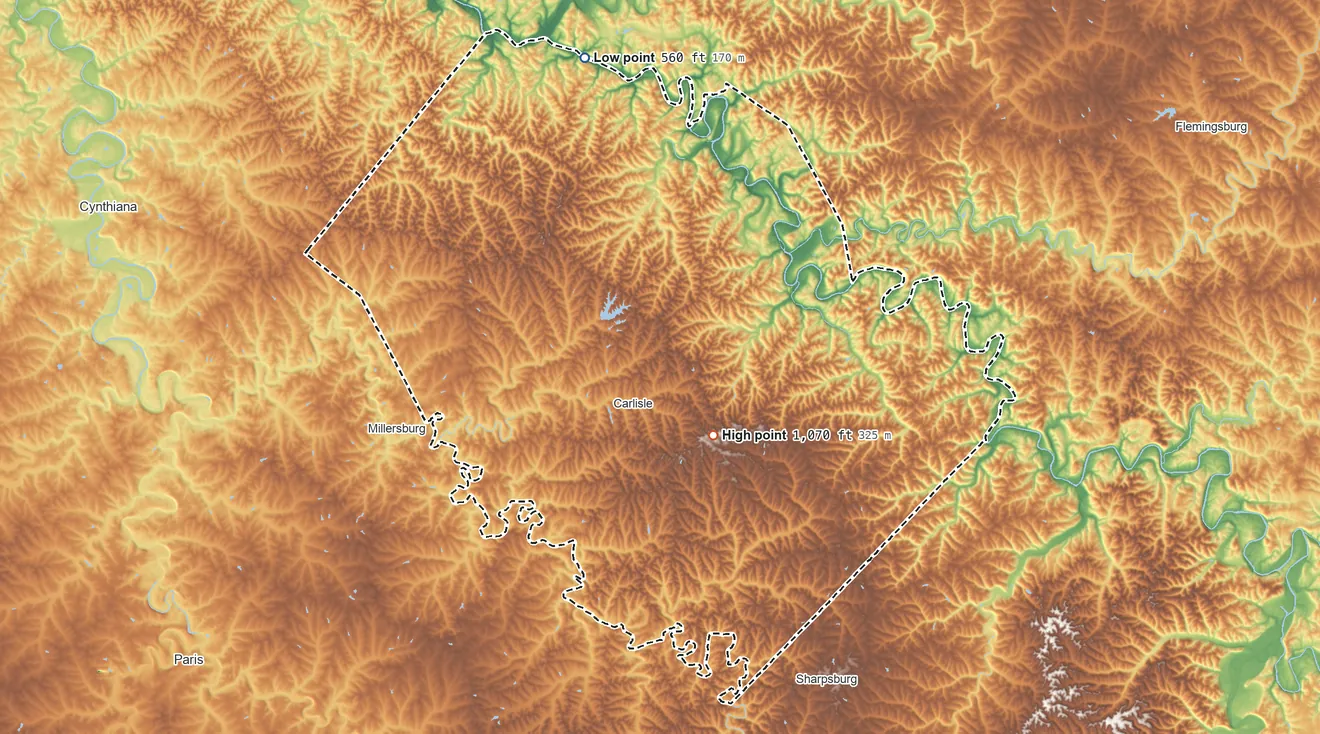 Topographic elevation map of Nicholas County, Kentucky, shaded from 560 ft on the north side to 1,070 ft near the middle