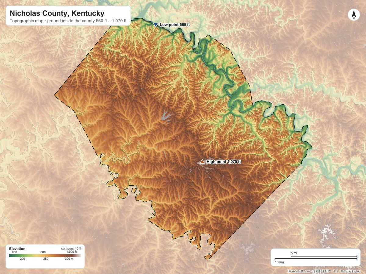 Topographic elevation map of Nicholas County, Kentucky, shaded from 560 ft on the north side to 1,070 ft near the middle
