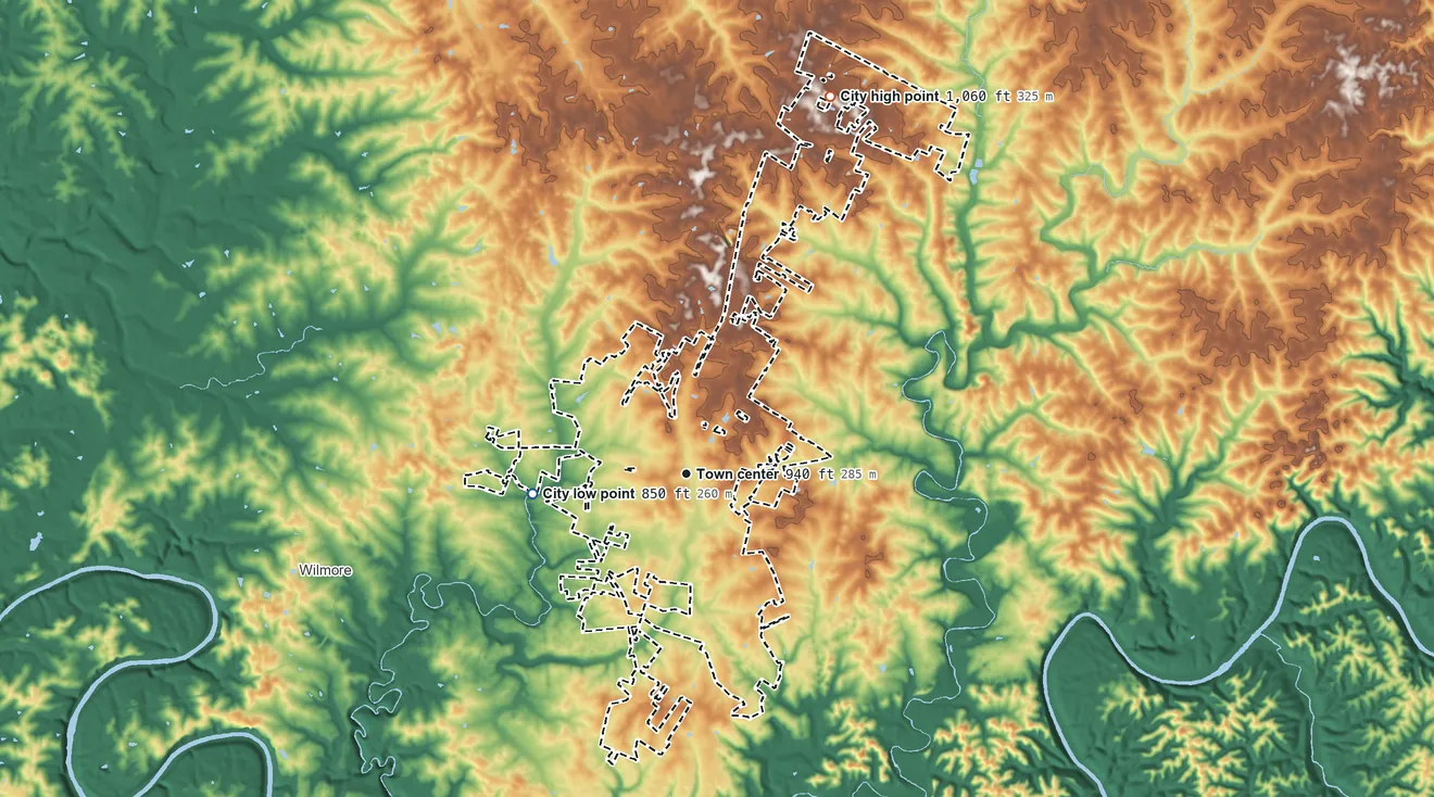 Topographic elevation map of Nicholasville, Kentucky, shaded from 850 ft on the west side to 1,060 ft on the north side