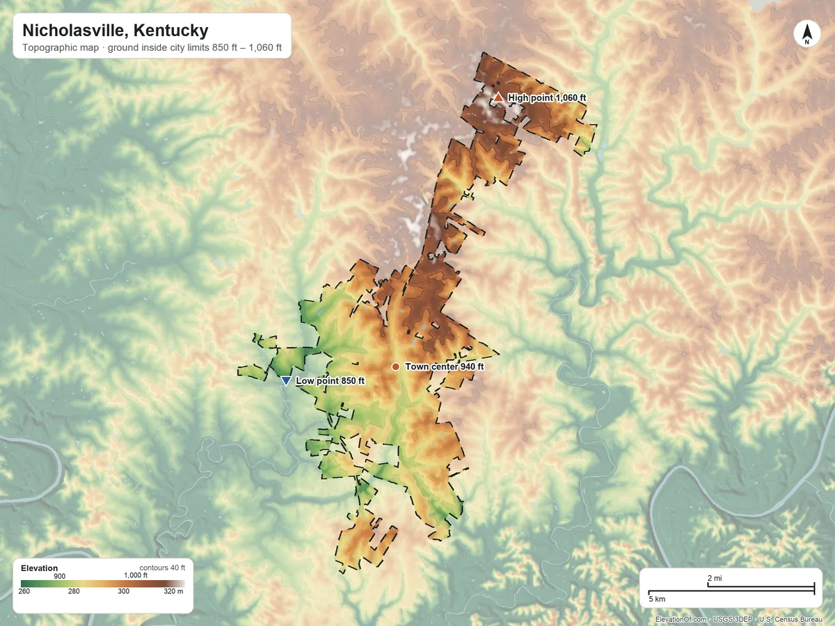 Topographic elevation map of Nicholasville, Kentucky, shaded from 850 ft on the west side to 1,060 ft on the north side