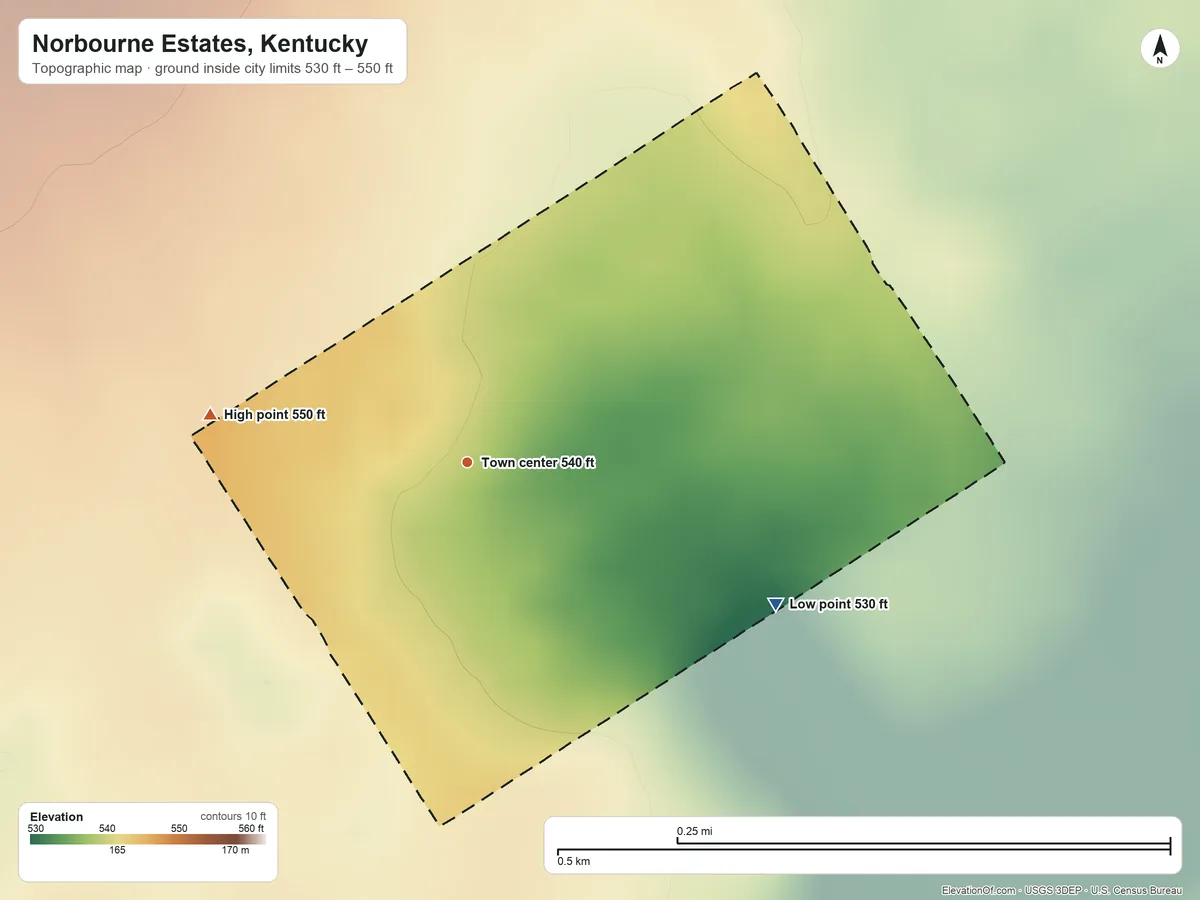 Topographic elevation map of Norbourne Estates, Kentucky, shaded from 530 ft on the southeast side to 550 ft on the west side