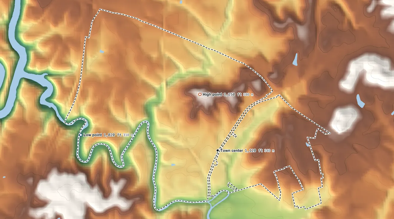 Topographic elevation map of North Corbin, Kentucky, shaded from 1,020 ft on the west side to 1,250 ft on the north side