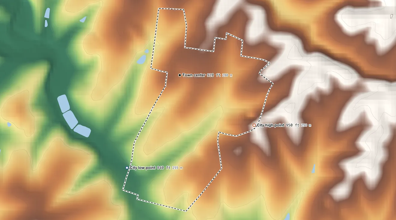 Topographic elevation map of North Middletown, Kentucky, shaded from 840 ft on the southwest side to 950 ft on the southeast side
