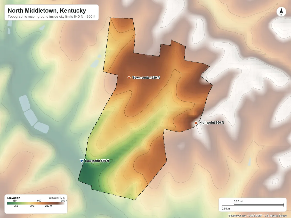Topographic elevation map of North Middletown, Kentucky, shaded from 840 ft on the southwest side to 950 ft on the southeast side