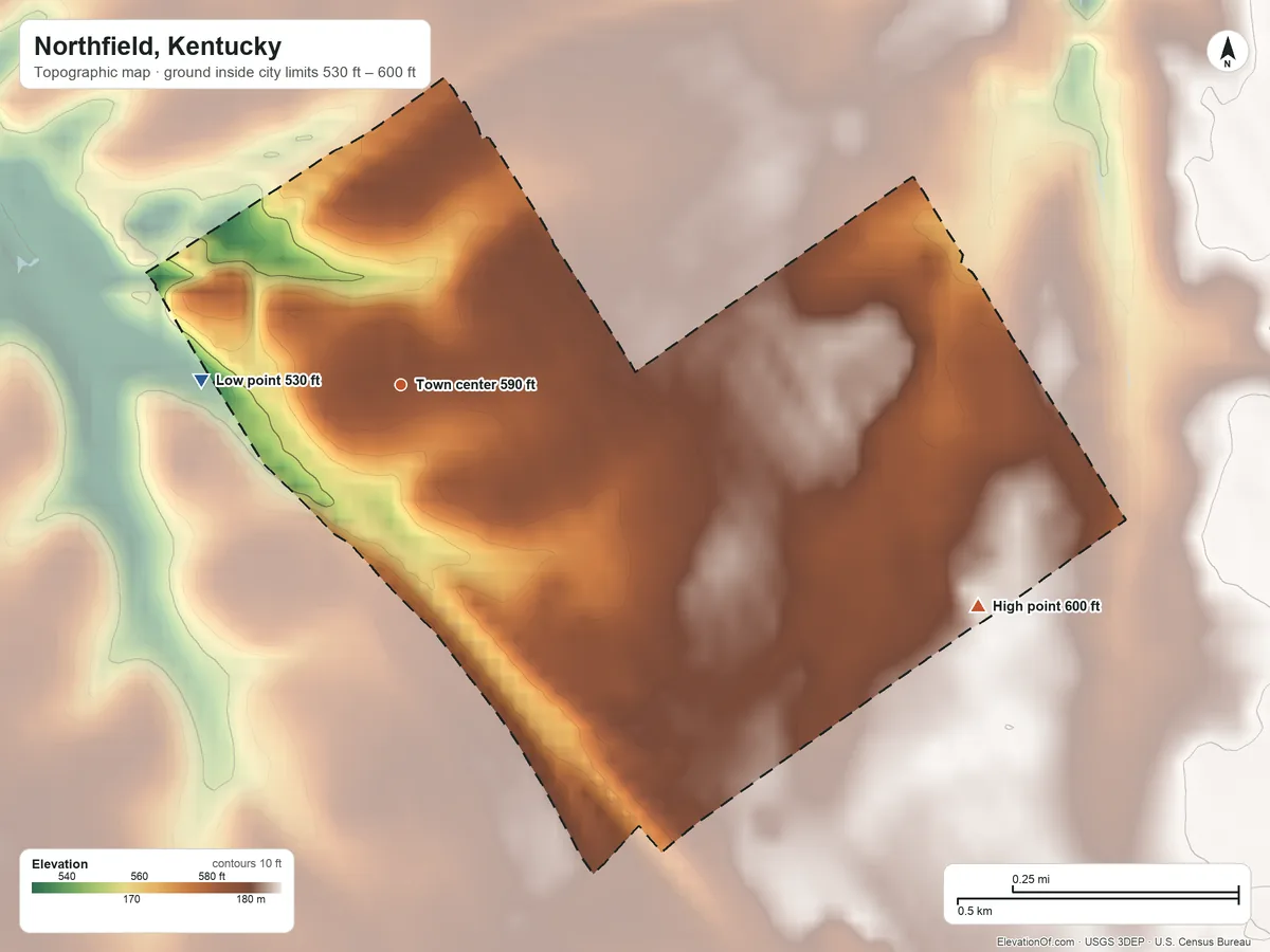 Topographic elevation map of Northfield, Kentucky, shaded from 530 ft on the west side to 600 ft on the east side