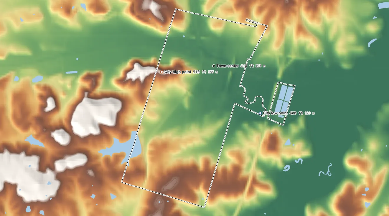 Topographic elevation map of Nortonville, Kentucky, shaded from 400 ft on the southeast side to 510 ft on the west side