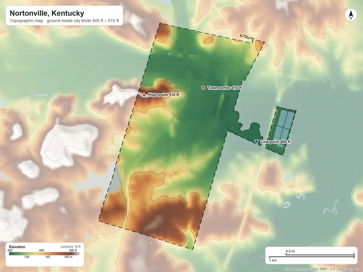 Topographic elevation map of Nortonville, Kentucky, shaded from 400 ft on the southeast side to 510 ft on the west side