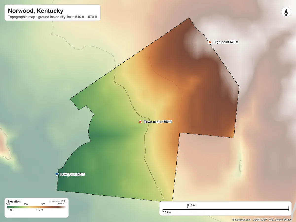 Topographic elevation map of Norwood, Kentucky, shaded from 540 ft on the southwest side to 570 ft on the northeast side