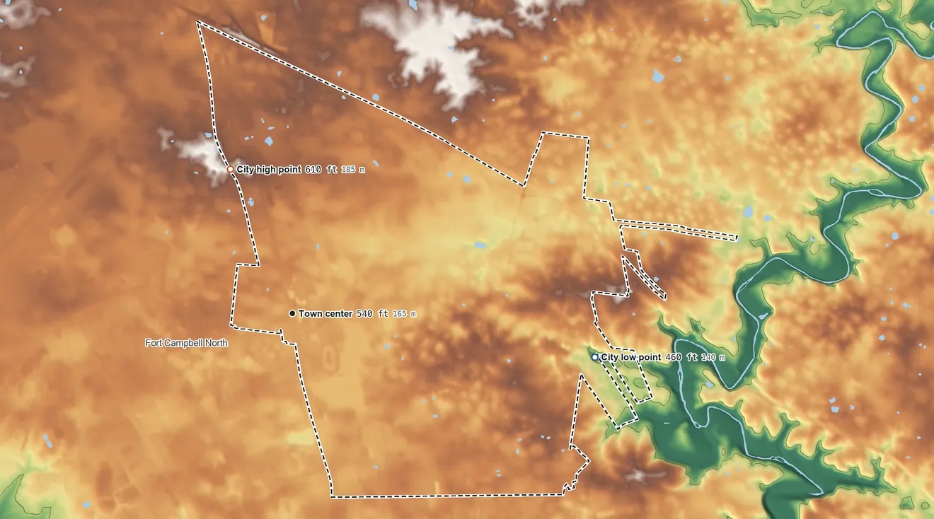 Topographic elevation map of Oak Grove, Kentucky, shaded from 460 ft on the east side to 610 ft on the northwest side