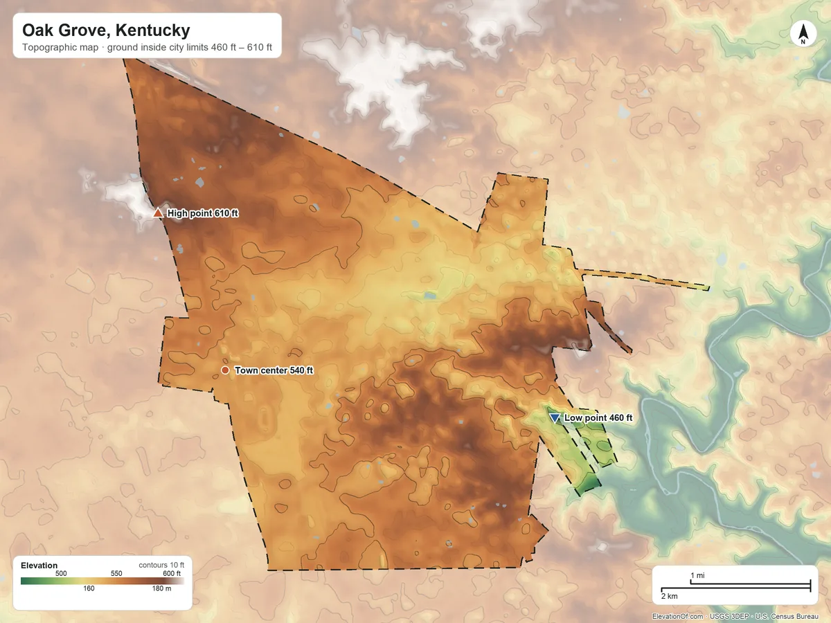 Topographic elevation map of Oak Grove, Kentucky, shaded from 460 ft on the east side to 610 ft on the northwest side
