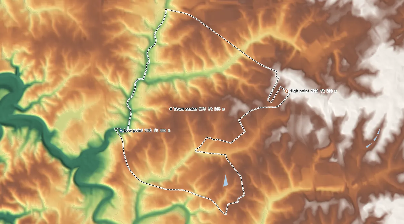 Topographic elevation map of Oakbrook, Kentucky, shaded from 730 ft on the southwest side to 920 ft on the east side