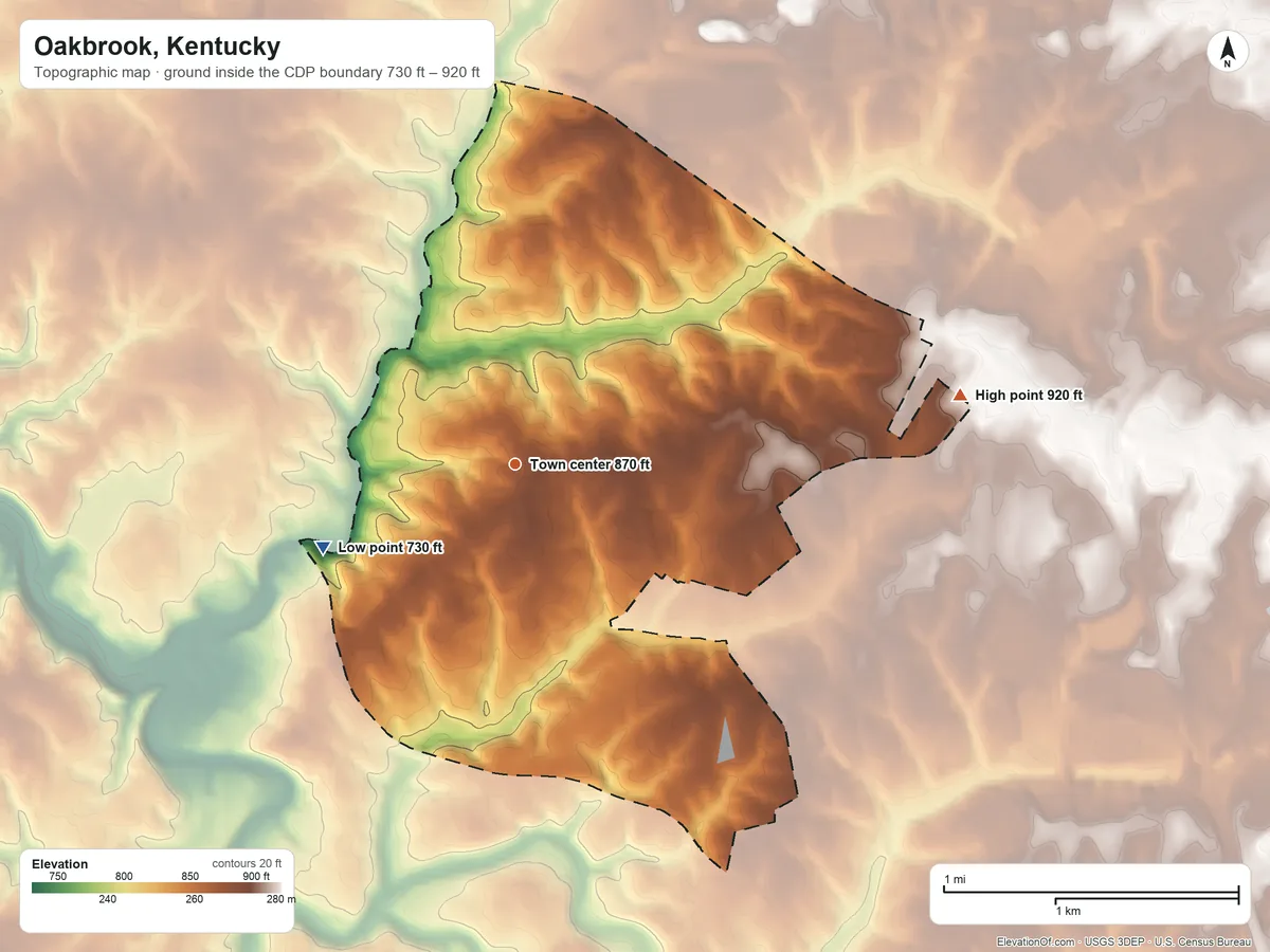 Topographic elevation map of Oakbrook, Kentucky, shaded from 730 ft on the southwest side to 920 ft on the east side