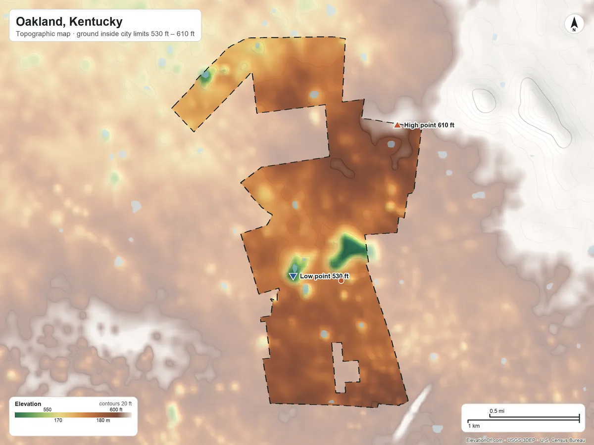 Topographic elevation map of Oakland, Kentucky, shaded from 530 ft on the west side to 610 ft on the north side