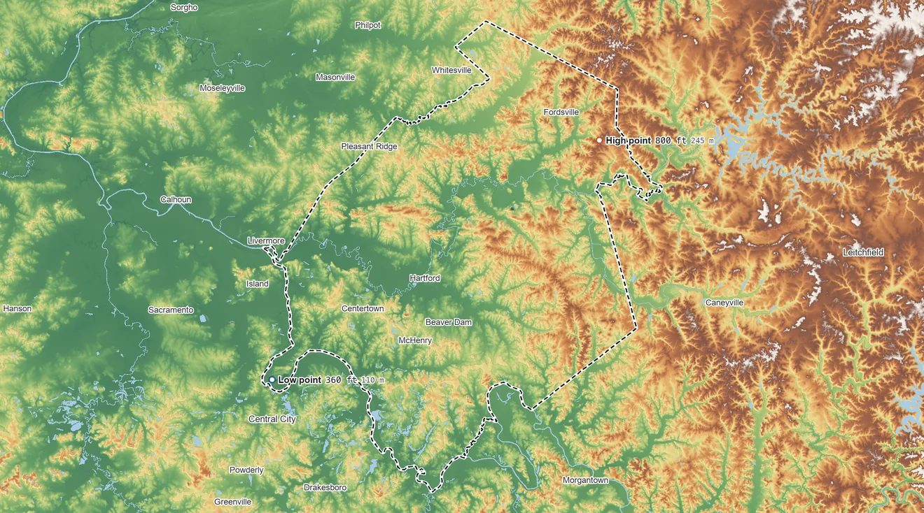 Topographic elevation map of Ohio County, Kentucky, shaded from 360 ft on the southwest side to 800 ft on the northeast side