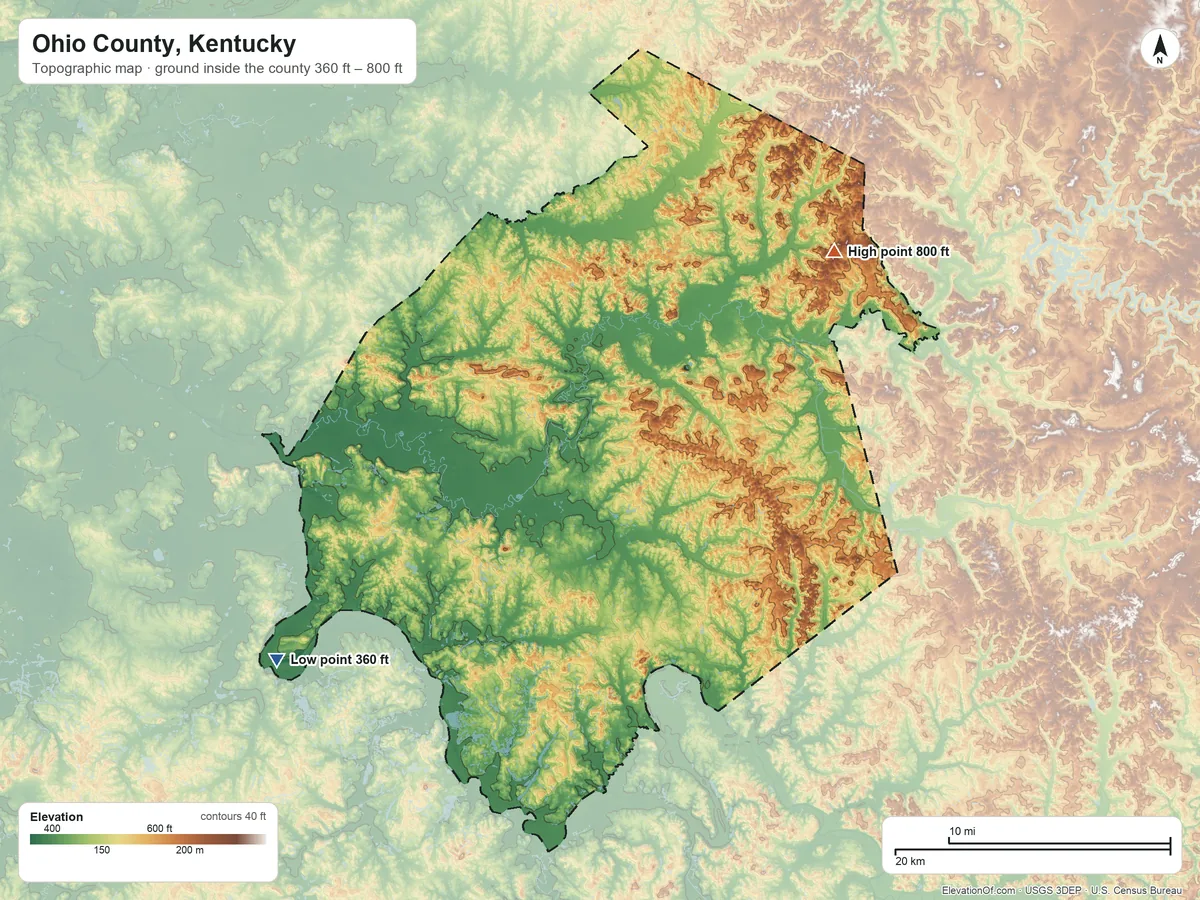 Topographic elevation map of Ohio County, Kentucky, shaded from 360 ft on the southwest side to 800 ft on the northeast side