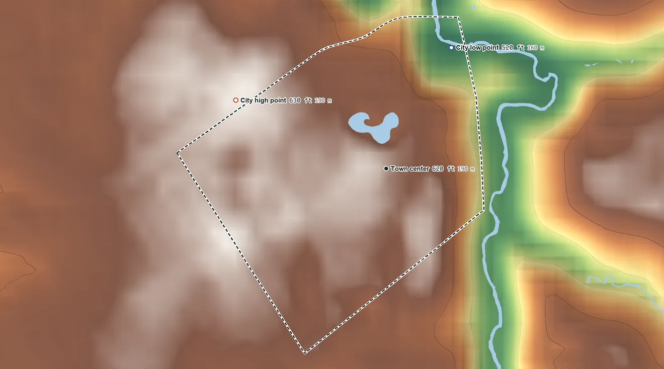 Topographic elevation map of Old Brownsboro Place, Kentucky, shaded from 520 ft on the northeast side to 630 ft on the northwest side