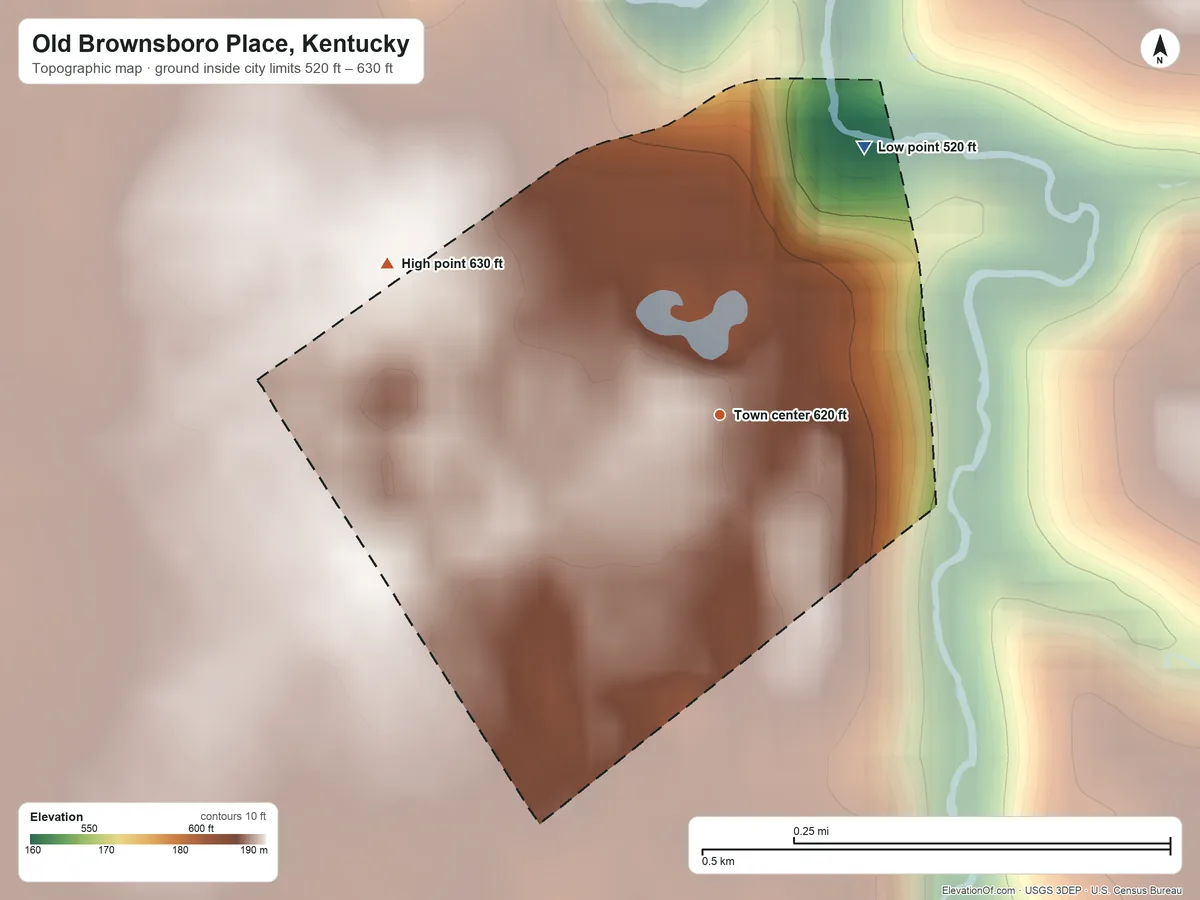 Topographic elevation map of Old Brownsboro Place, Kentucky, shaded from 520 ft on the northeast side to 630 ft on the northwest side
