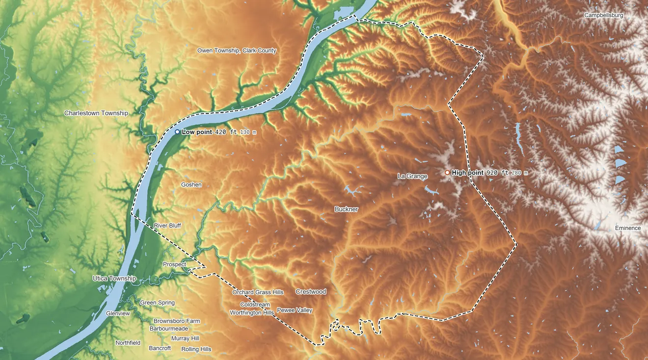 Topographic elevation map of Oldham County, Kentucky, shaded from 420 ft on the west side to 920 ft on the east side