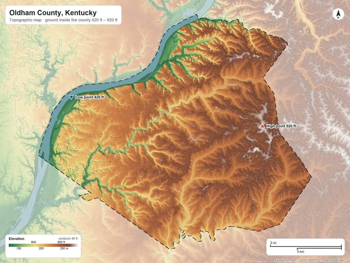 Topographic elevation map of Oldham County, Kentucky, shaded from 420 ft on the west side to 920 ft on the east side