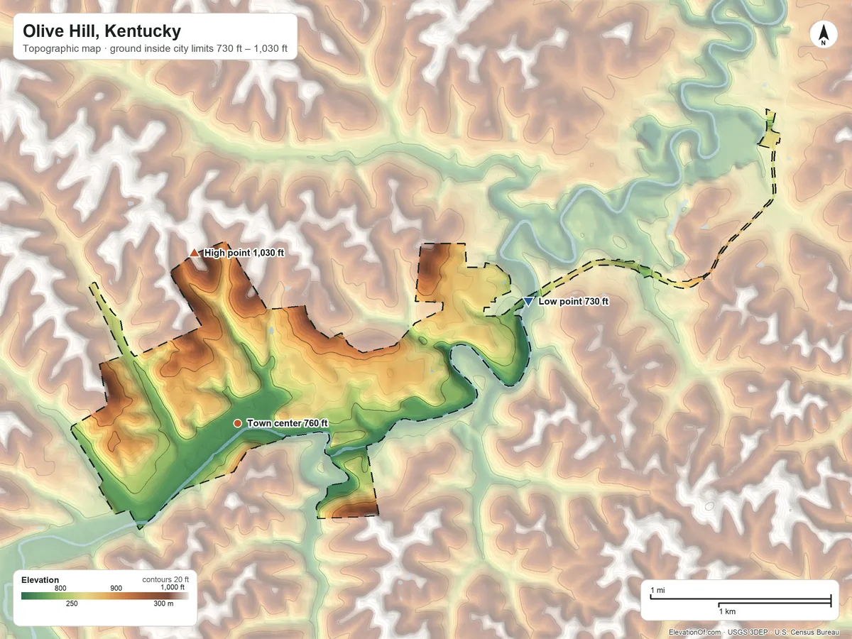 Topographic elevation map of Olive Hill, Kentucky, shaded from 730 ft on the northeast side to 1,030 ft on the north side