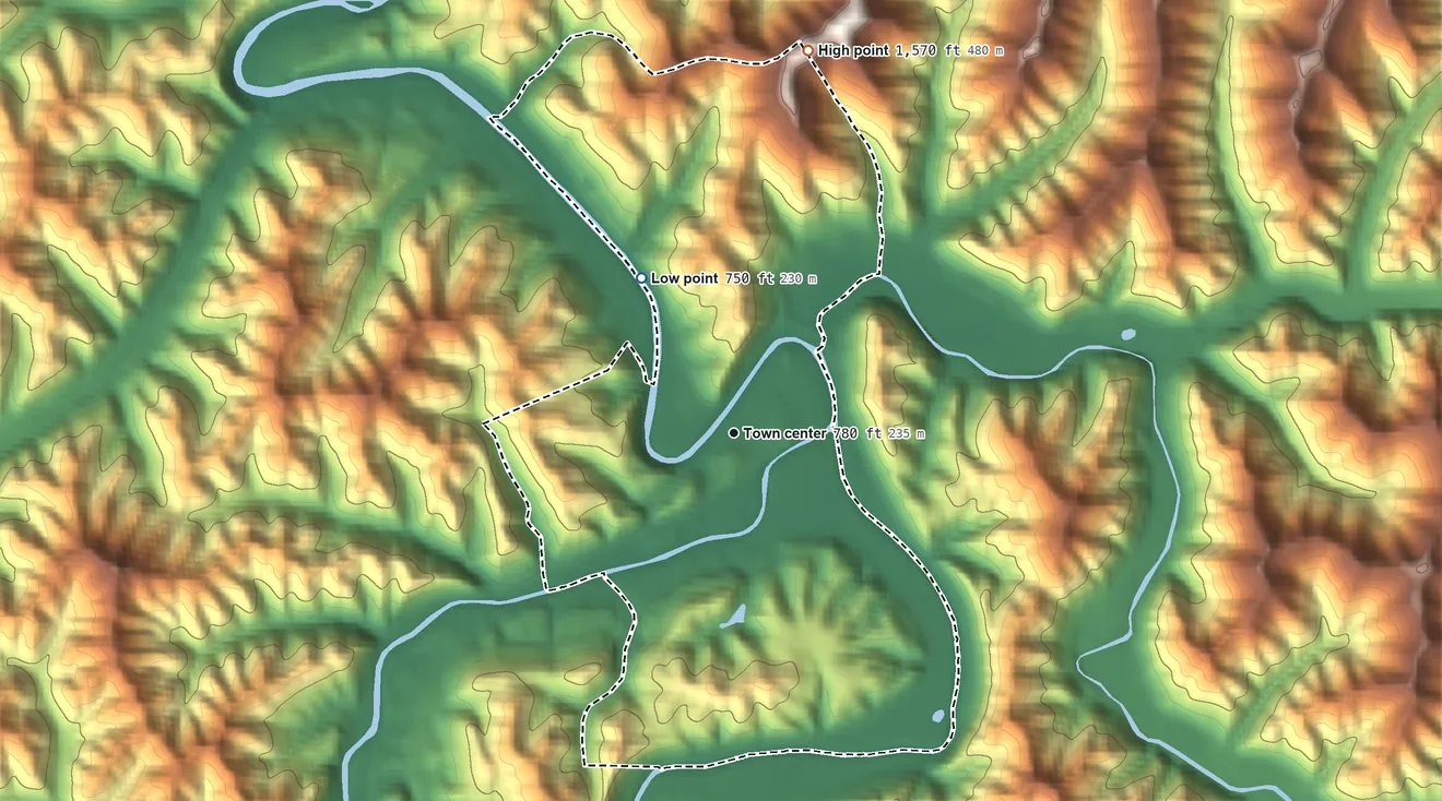 Topographic elevation map of Oneida, Kentucky, shaded from 750 ft on the northwest side to 1,570 ft on the north side