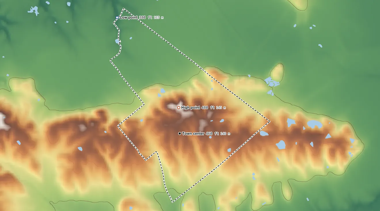 Topographic elevation map of Onton, Kentucky, shaded from 380 ft on the northwest side to 480 ft on the north side