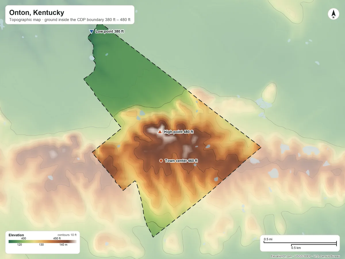 Topographic elevation map of Onton, Kentucky, shaded from 380 ft on the northwest side to 480 ft on the north side