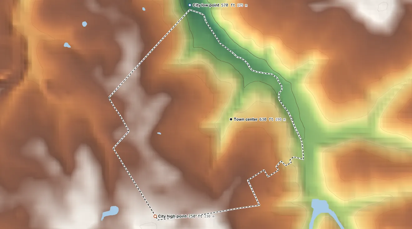 Topographic elevation map of Orchard Grass Hills, Kentucky, shaded from 570 ft on the north side to 750 ft on the southwest side