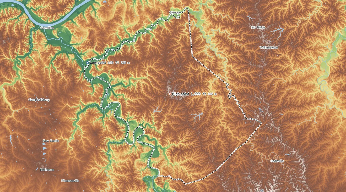 Topographic elevation map of Owen County, Kentucky, shaded from 440 ft on the west side to 1,000 ft near the middle