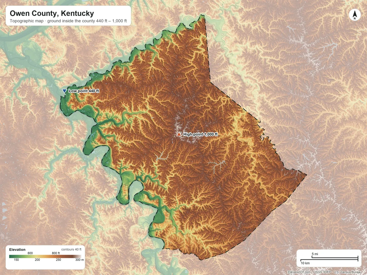 Topographic elevation map of Owen County, Kentucky, shaded from 440 ft on the west side to 1,000 ft near the middle