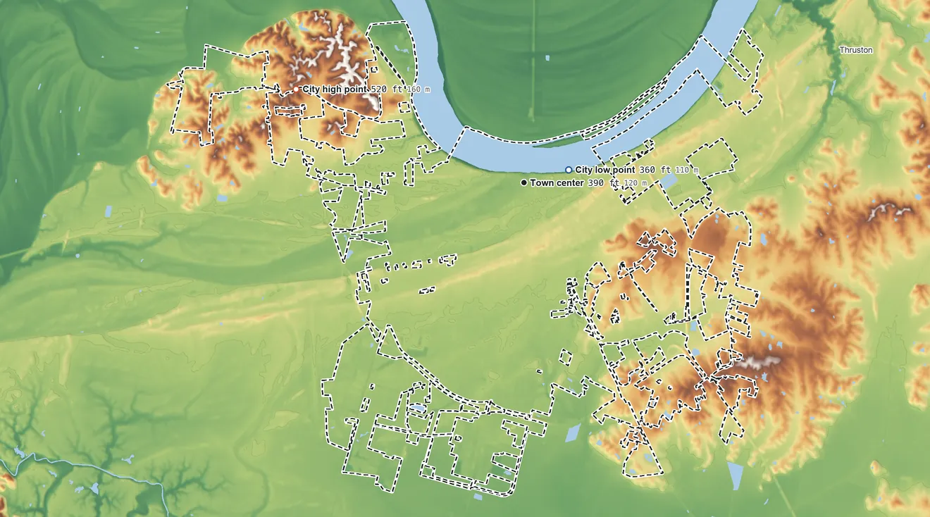 Topographic elevation map of Owensboro, Kentucky, shaded from 360 ft near the middle to 520 ft on the west side