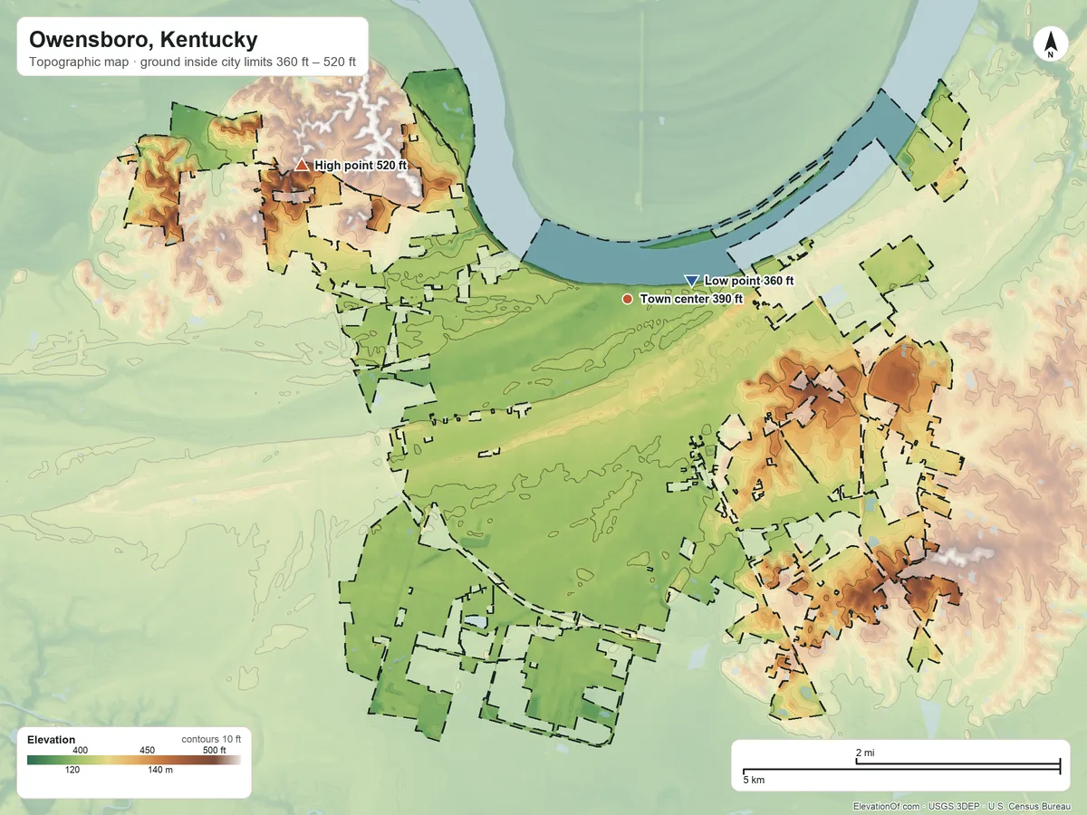 Topographic elevation map of Owensboro, Kentucky, shaded from 360 ft near the middle to 520 ft on the west side